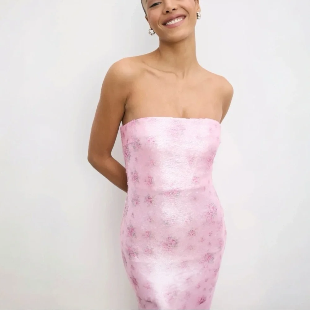 LoveShackFancy Stasia Sequin Floral Strapless Pink Cocktail Midi Dress NEW - Picture 4 of 15